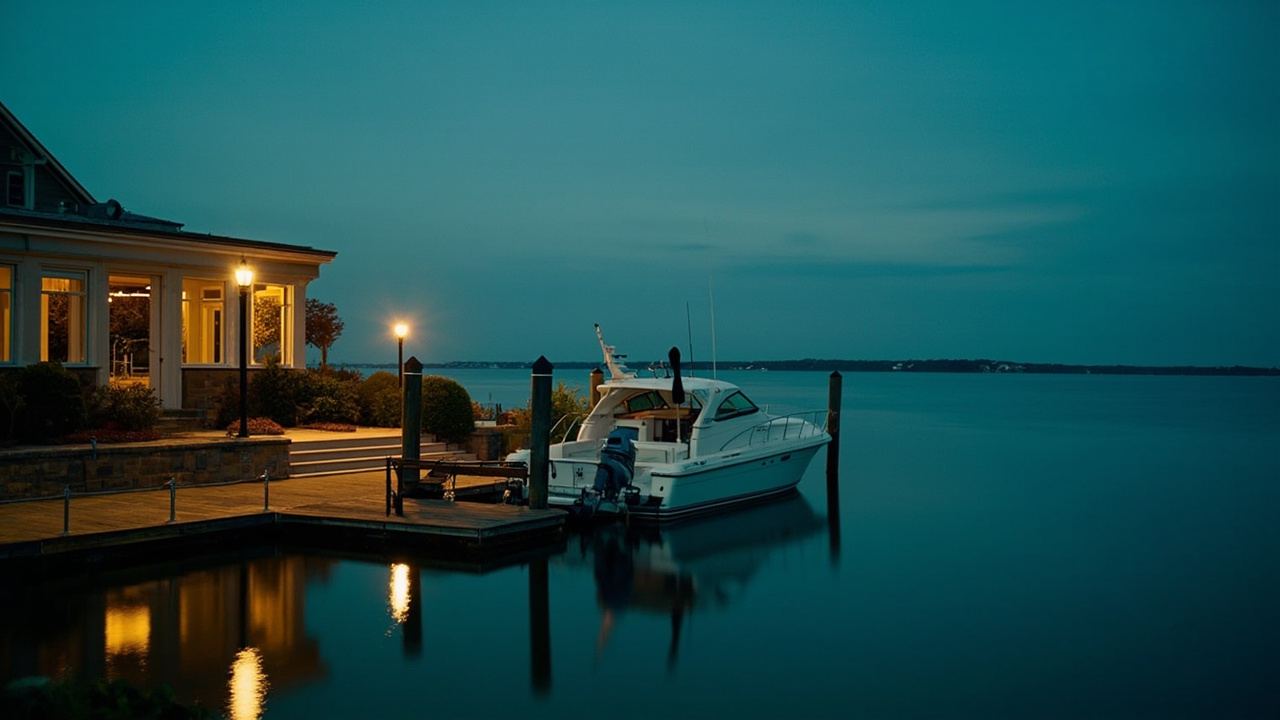 Private dock and boat lift on a calm bay at dusk