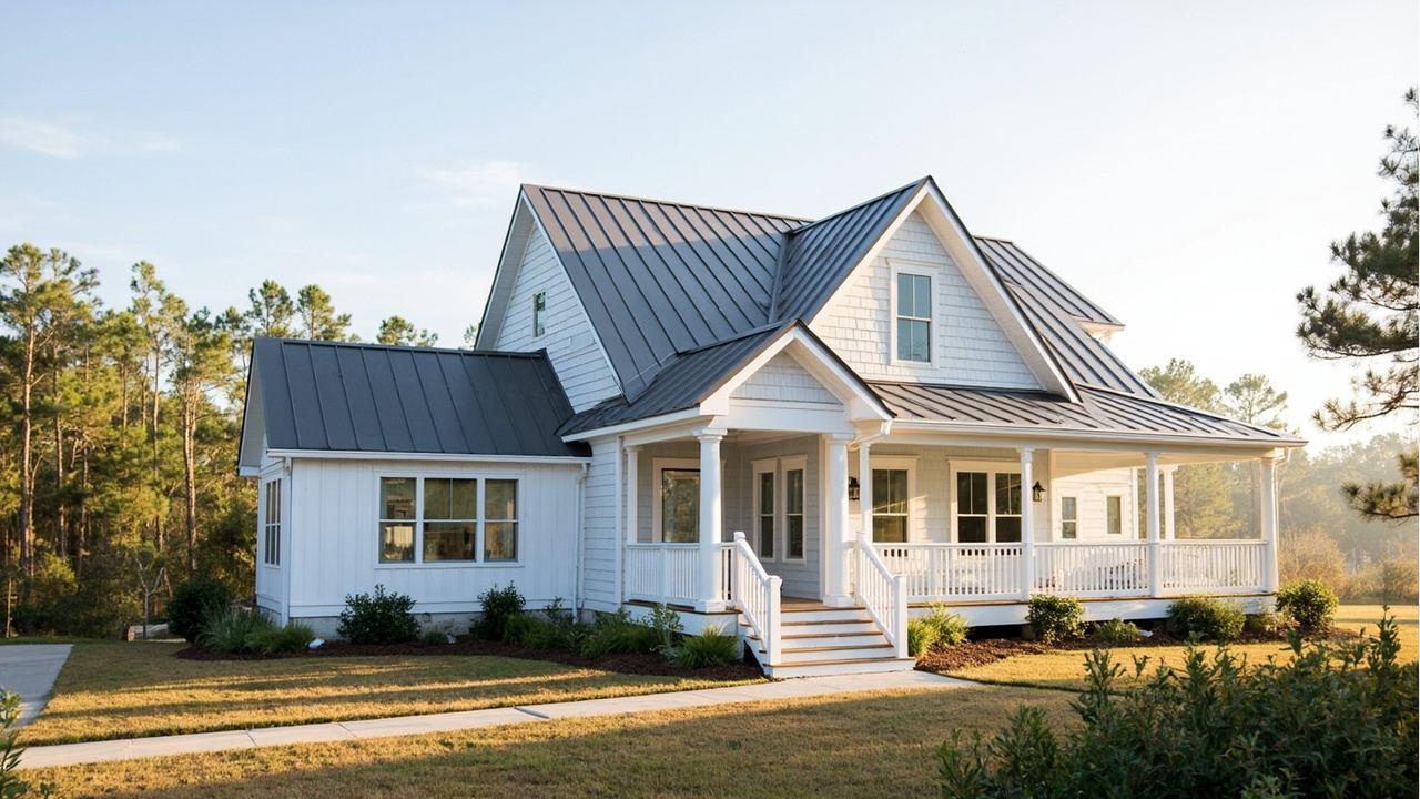 Newly built coastal cottage in morning light