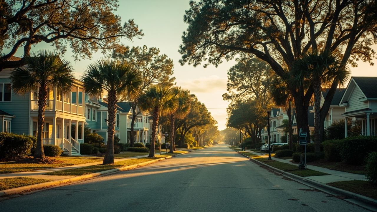 Quiet coastal Alabama neighborhood street at golden hour