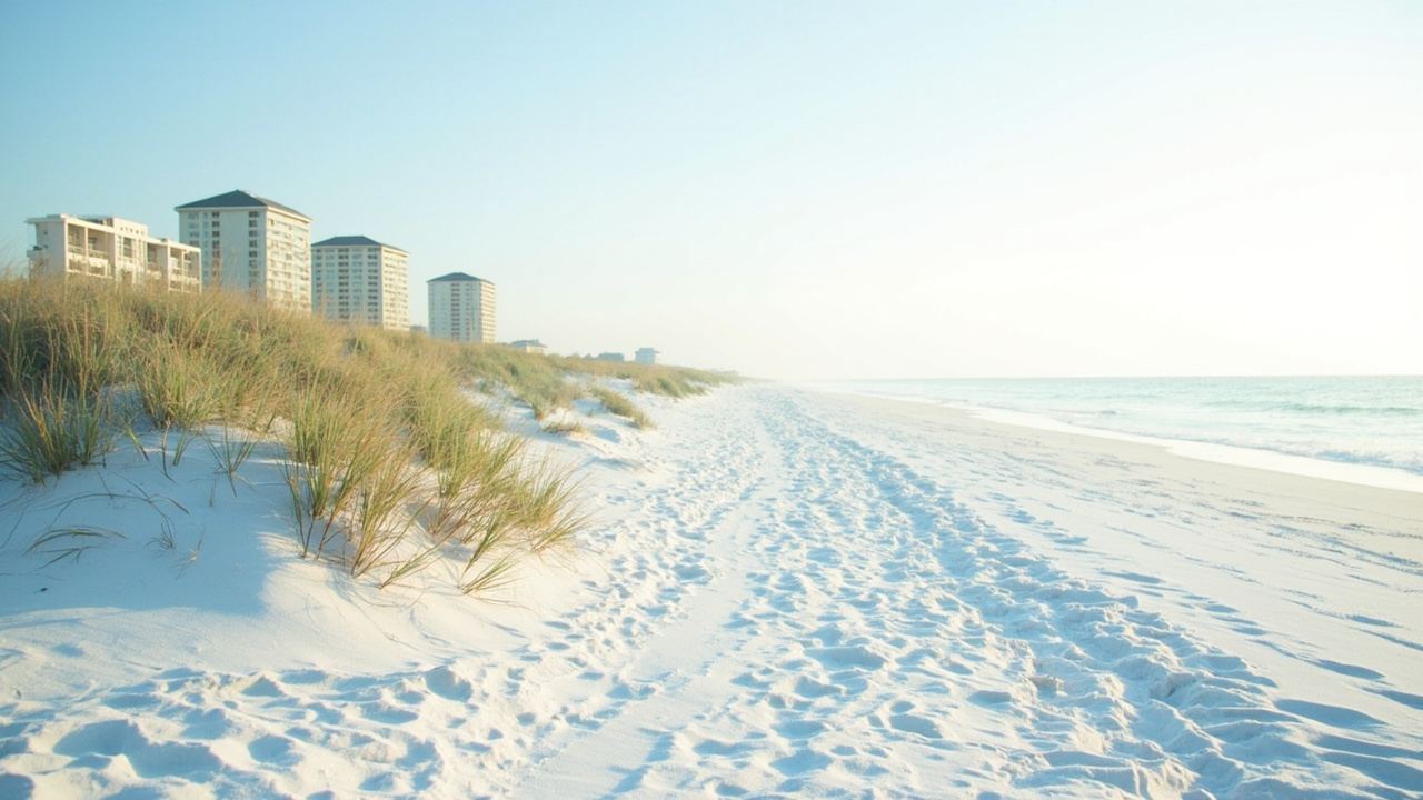 Sugar-white dunes and gulf-front towers in morning haze